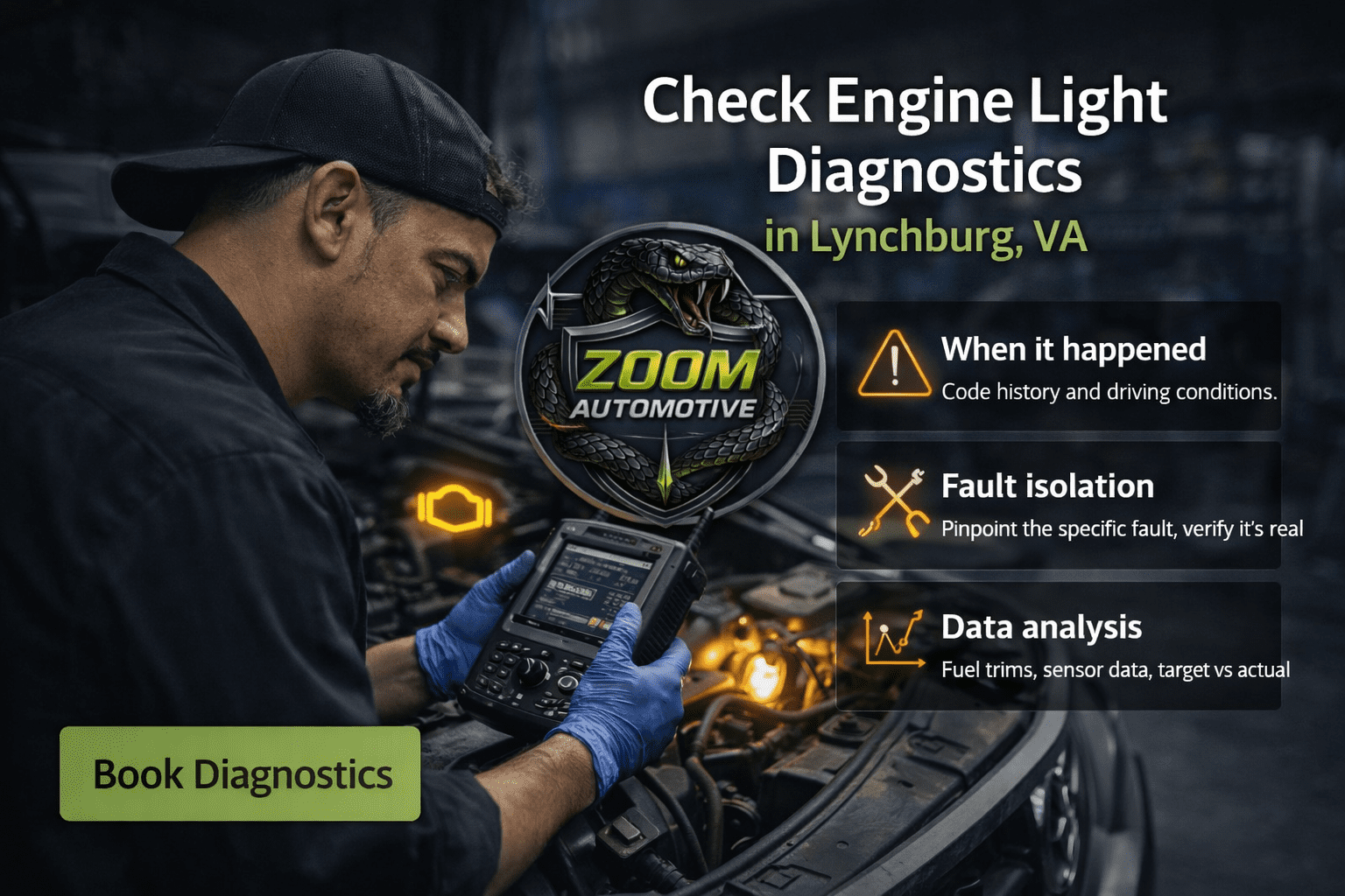 Check engine light diagnostics testing in Lynchburg VA at Zoom Automotive