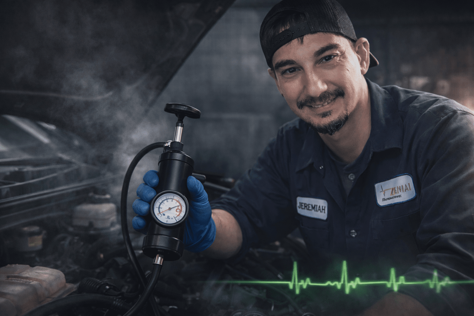Cooling system repair in Lynchburg VA with technician diagnosing coolant leak and overheating using pressure testing and inspection of radiator thermostat water pump and fans