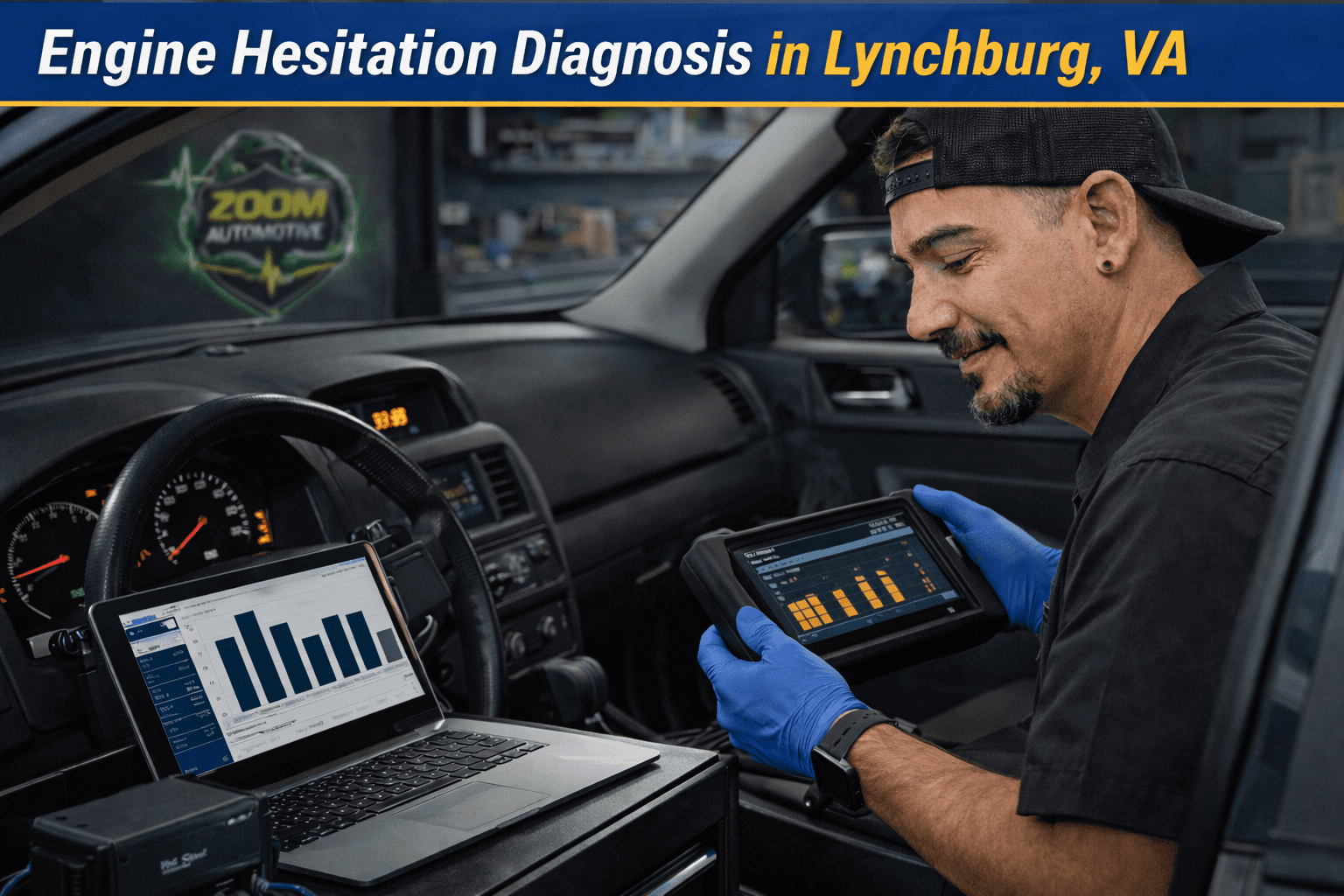 Technician performing engine hesitation diagnosis in Lynchburg VA using diagnostics first testing at Zoom Automotive