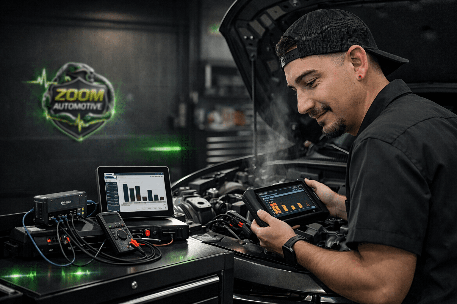 Engine overheating diagnostics in Lynchburg VA with technician testing coolant system pressure and verifying fan control data
