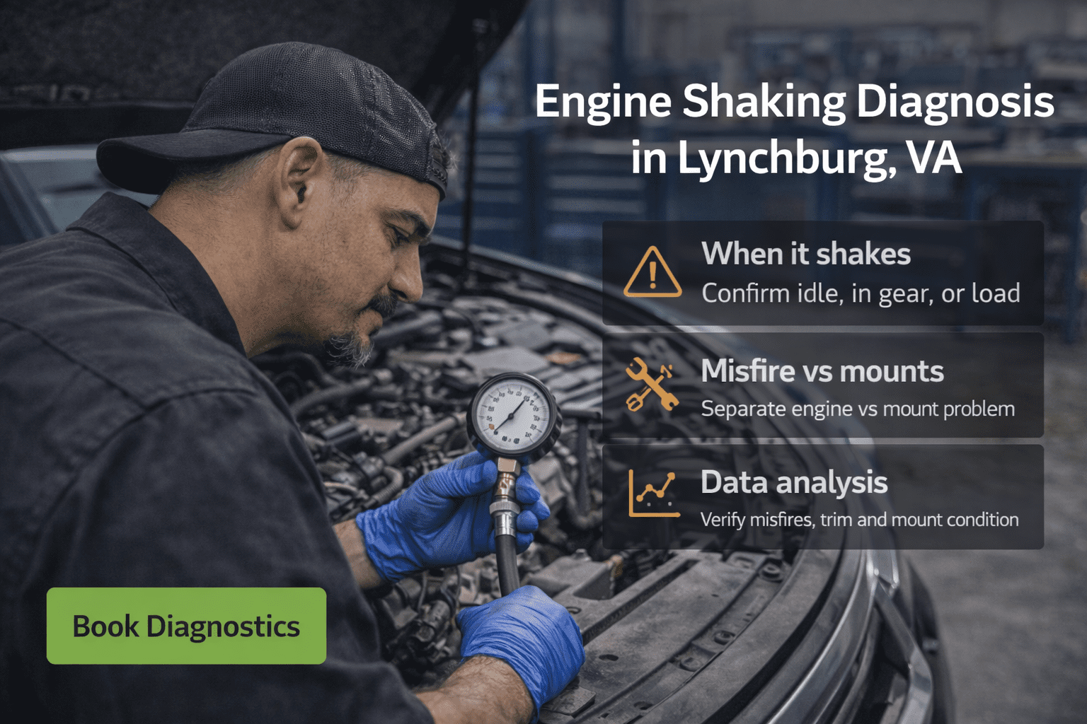 Engine shaking diagnosis in Lynchburg VA with technician confirming misfire and mount related vibration causes during testing