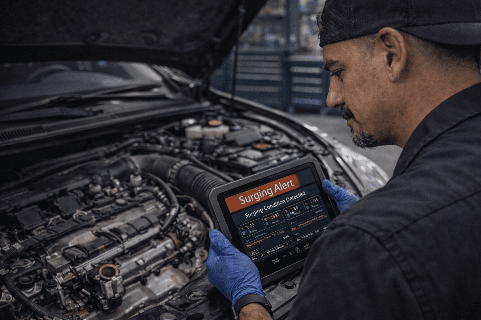 Engine surging diagnosis in Lynchburg VA with technician reviewing live throttle and fuel trim data on a scan tool