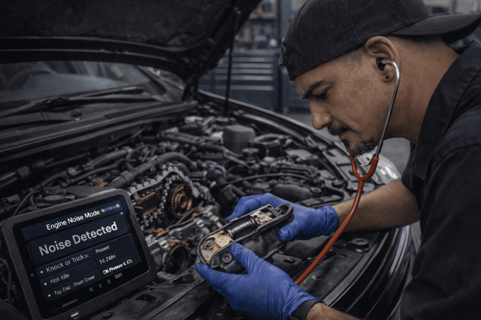 Engine knocking or ticking noise diagnosis in Lynchburg VA with technician using a mechanic stethoscope to pinpoint engine noise source