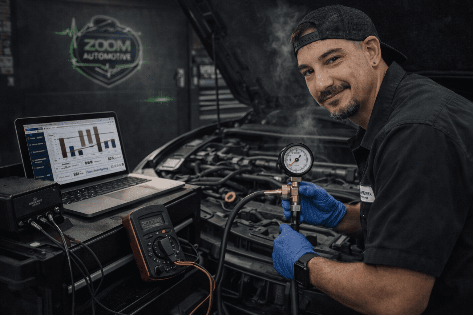 Technician performing hard starting diagnosis in Lynchburg VA using diagnostics first testing at Zoom Automotive