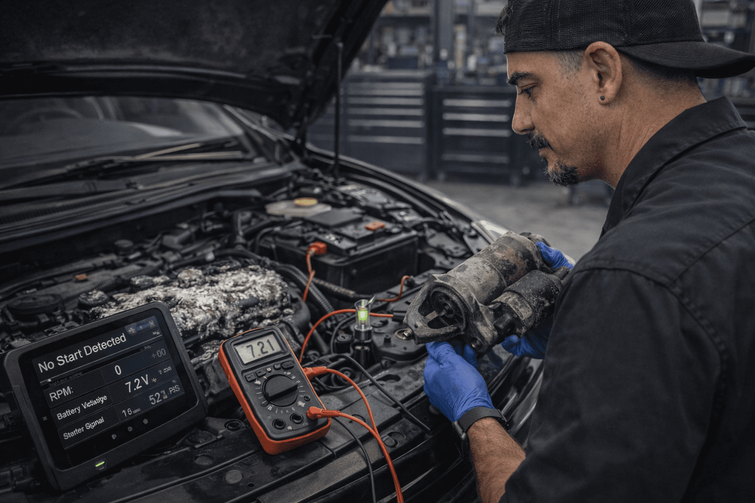 No start diagnosis in Lynchburg VA with technician performing battery and starter circuit testing at the vehicle