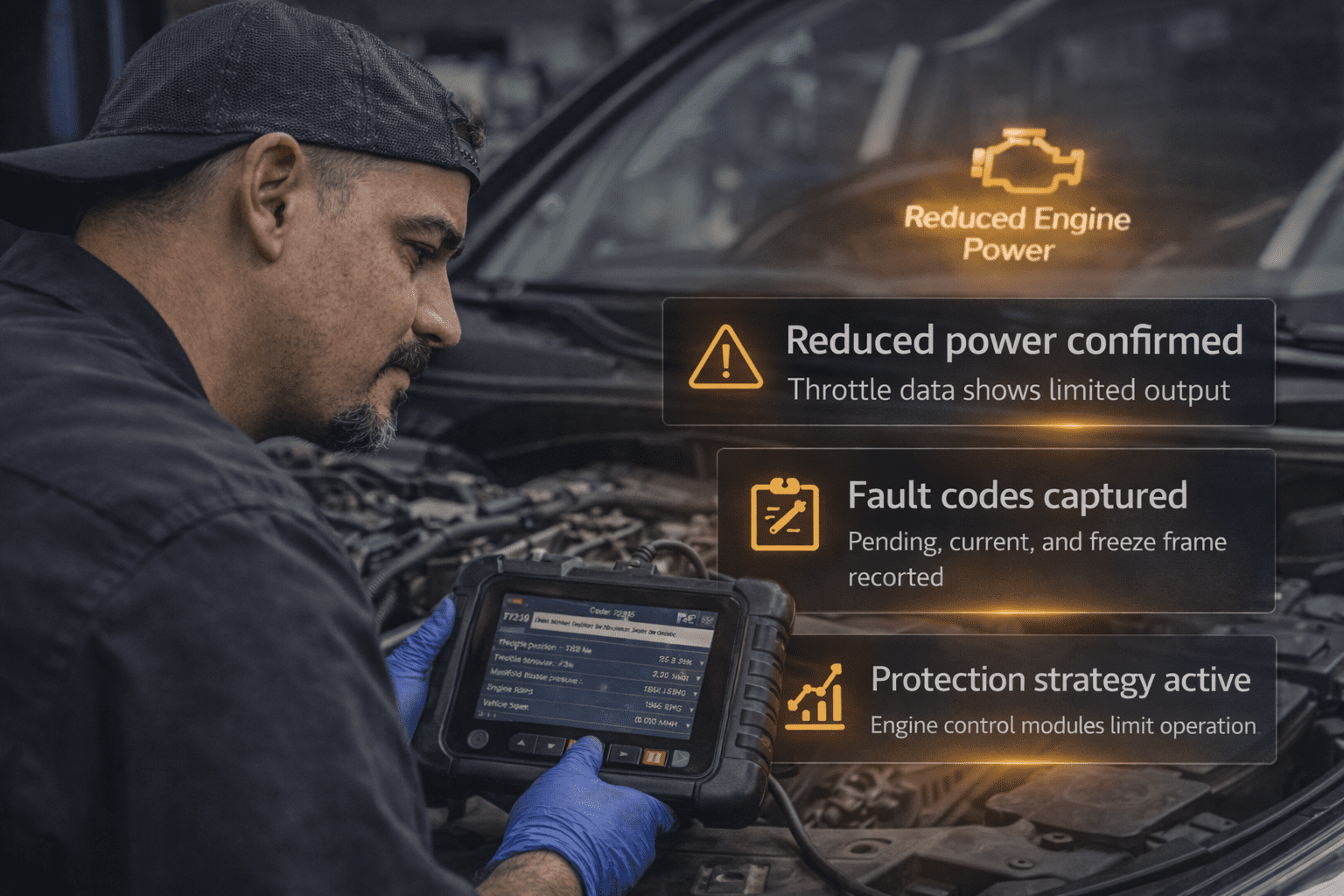 Reduced power limp mode diagnosis in Lynchburg VA with technician reviewing fault codes and throttle control data during testing
