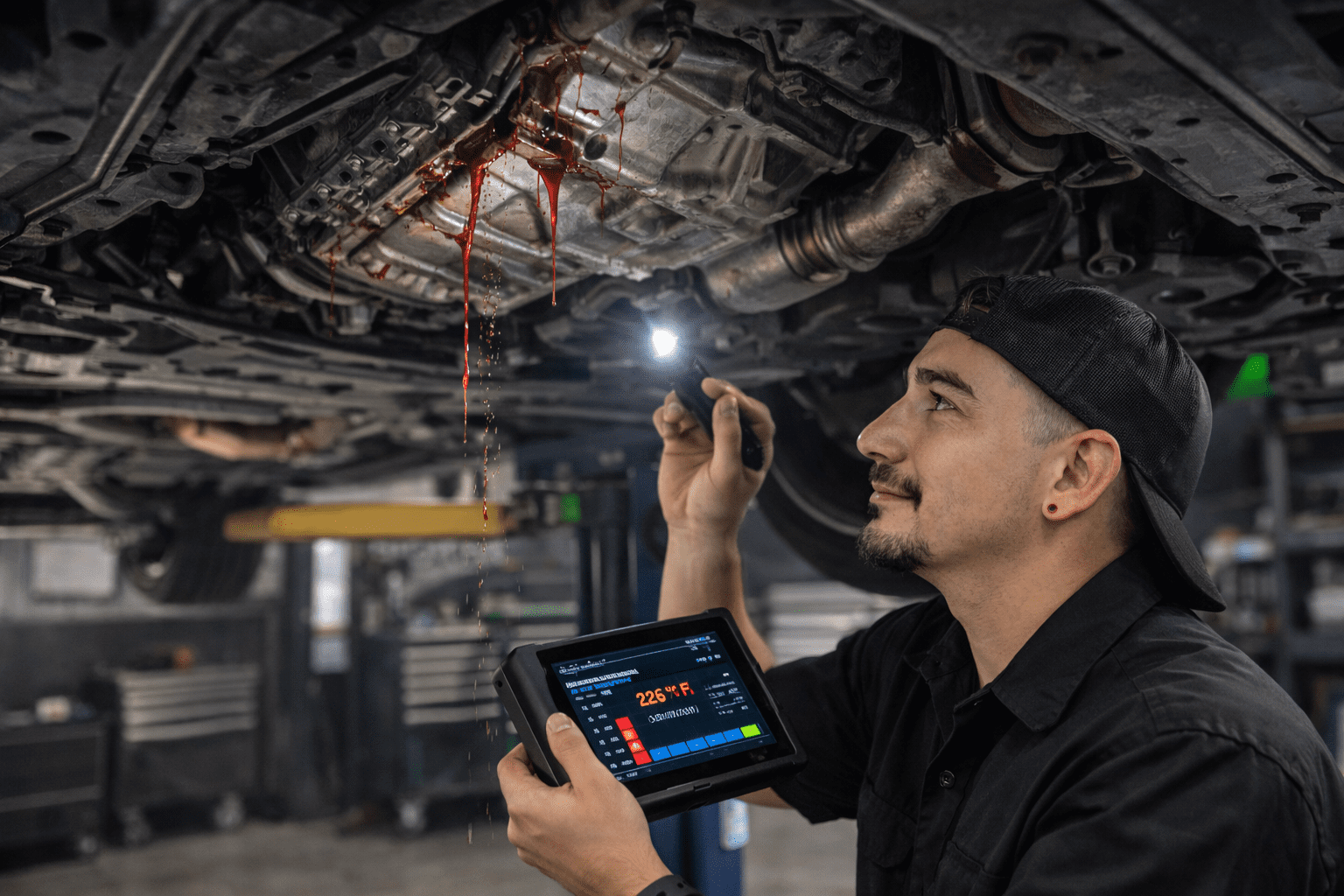 Transmission service in Lynchburg VA with technician diagnosing shifting problems and transmission fluid leaks using scan data and inspection